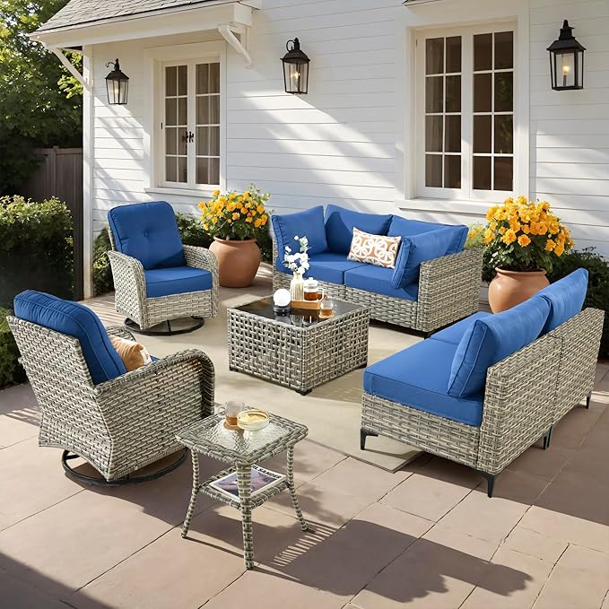 Outdoor Patio Furniture Sets, 8 PCS Patio Conversation Set Outside Rattan Sectional Sofa with Wicker Rocking Chairs Coffee Table Soft Cushion Fit Backyard Porch Garden Poolside Balcony