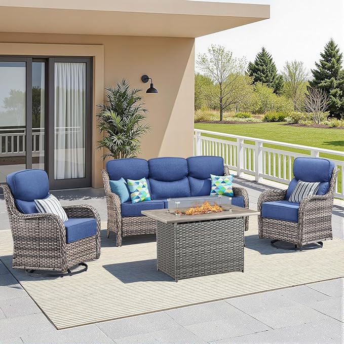 Luxury Patio Furniture Set with Fire Pit Table-4 Pieces High Back Wicker Swivel Rocker Chairs with 6" Extra Thick Cushions, Outdoor Patio Conversation Sets for Porch Deck Backyard(Grey/Blue)