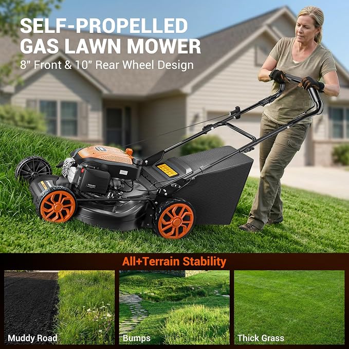 21" Self-Propelled Gas Lawn Mower, 170CC Engine, 3-in-1 Mulching, Bagging & Side Discharge, 7-Position Height Adjustment, Easy Lawn Care for Large Yards & Thick Grass