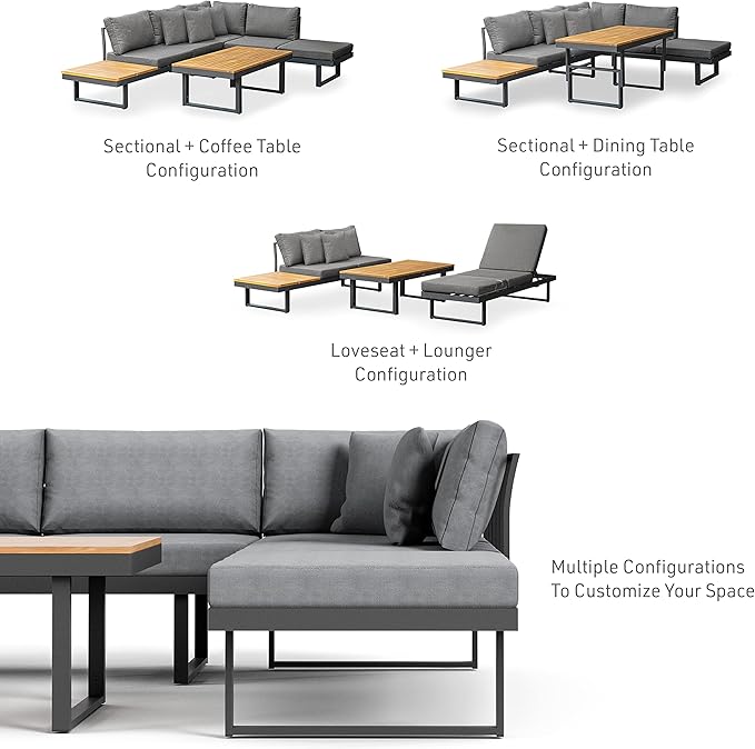 Greemotion 3-Piece San Jose Metal Modular Outdoor Sectional, Patio Furniture Set Certified 100% Teak Wood Patio Conversation Set, Gray