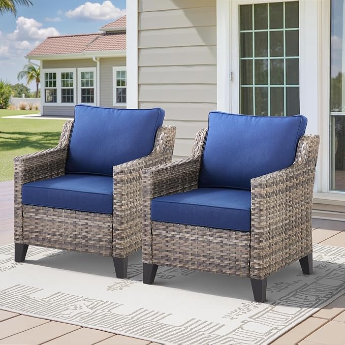 Patio Chairs Set of 2-All Weather Rattan Wicker Outdoor Chair with Thickened Cushions Outdoor Patio Chairs for Porch Deck Balcony Garden Grey/Blue