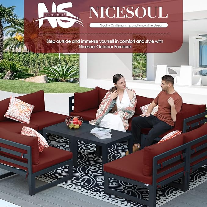 NICESOUL 8 Person Modern Aluminum Patio Furniture Set, 500 lbs Heavy Duty Sturdy Outdoor Sectional Sofa, 29" Deep Wide Large Seating, L Shaped Modular Conversation Couch for Garden Backyard, Burgundy