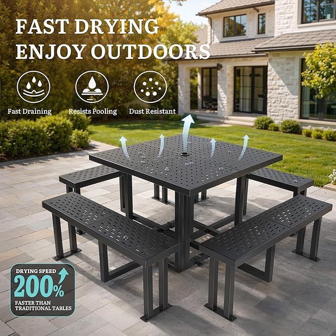 YITAHOME 38" Square Metal Picnic Table with Umbrella Hole, Q235 Carbon Steel Heavy Duty Outdoor Table for 4-8 People, Backyard Patio Set (Black)