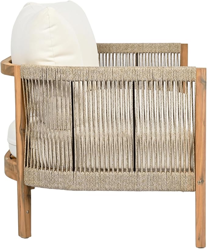 Christopher Knight Home Havets 2 Pieces Conversation Set, Acacia Wood Loveseat and Coffee Table Set, Woven Rope Armchair, Slats Panel End Table, 6" Thick Cushion Couch for Backyard Garden, Teak+Beige