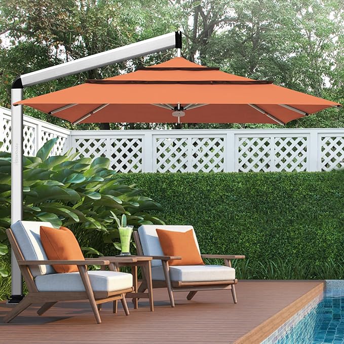 EliteShade USA Atlas 3-Tier 10x10FT Full Aluminum Cantilever Patio Umbrella for Outdoor Restaurant Garden Courtyard Deck Pool and Marketing with Light (No battery), Rust