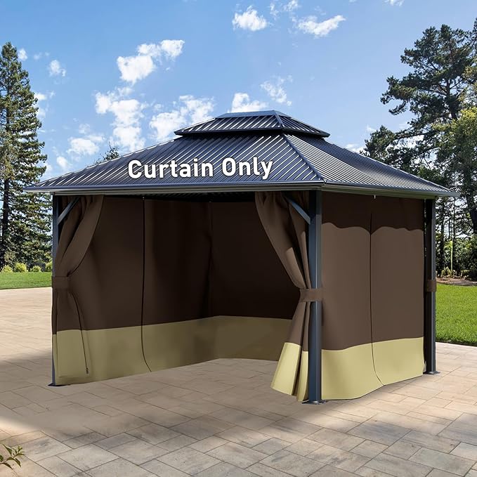 Aoodor 12x12 ft Outdoor Gazebo Curtains, 4 Panels Waterproof Privacy Sidewall Replacement with Zipper for Patio Pergola and Canopy, Brown and Khaki