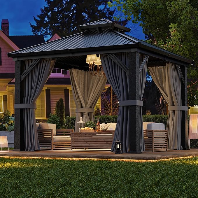 10'x10' Outdoor Gazebo Hardtop Grill Gazebo Aluminum Galvanized Steel Double Roof Outdoor Pergola Include Curtain and Netting for Backyard, Patio, Lawn