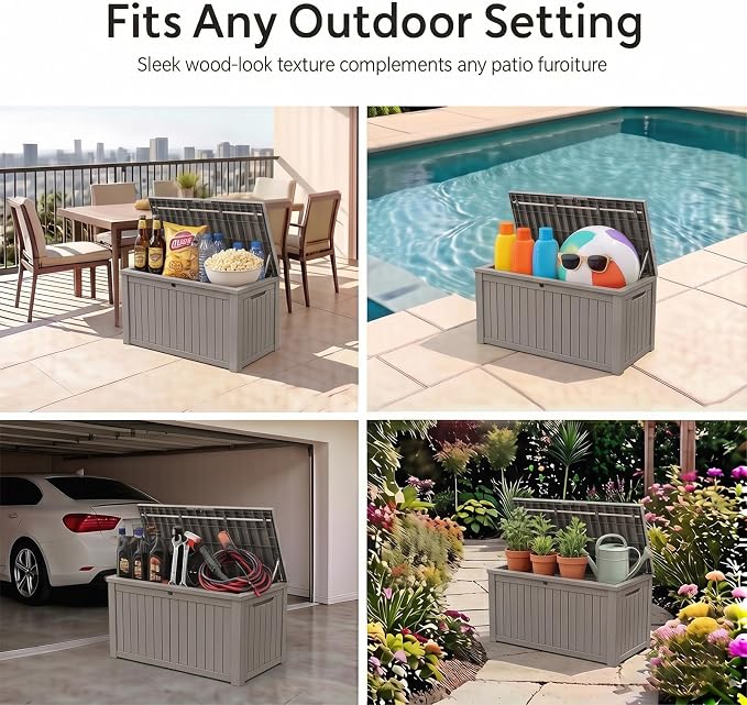 179 Gallon Resin Outdoor Storage Box, Waterproof Deck Box with Lockable Lid, Outside Storage Box for Patio Furniture, Pool Accessories, Garden Tools, Storage Bench for Backyard, Porch, Gray Brown