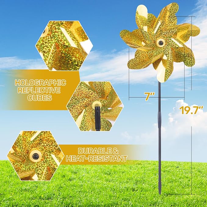 BATTIFE Preassembled Reflective Pinwheels for Yard & Garden, Gold, 10 Pack | Sparkly Reflective Material Spinner, Spins Best in Steady Wind, Animal-Deterrent Results Vary by Placement and Conditions