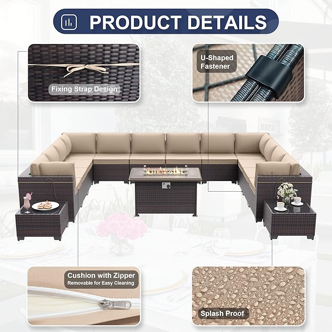 Patio Furniture Set with Fire Pit Table 15 PCS Outdoor Sectional Furniture Rattan Patio Conversation Set with 43in Propane Gas Fire Pit Table and Glass Table, Sand