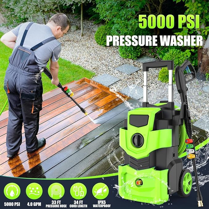 5000 PSI Professional Electric Pressure Washer,4.0 GPM Heavy Duty Power Washer with 4 Nozzles,Foam Cannon,33FT Hose and 500ml Soap Bottle for Home/Cars(Green)