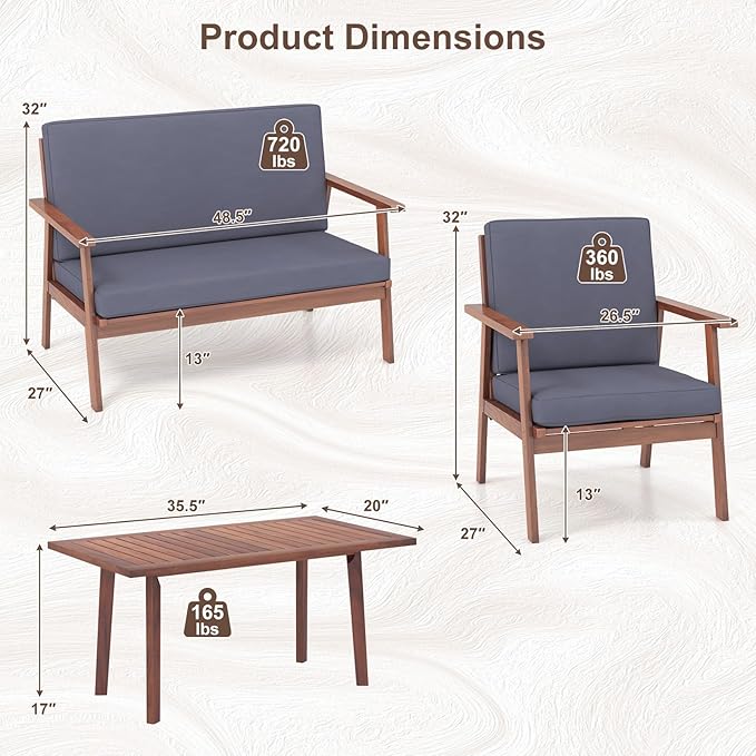 Tangkula 4 Piece Outdoor Conversation Set, Acacia Wood Sofa Set with Soft Seat & Back Cushions, Rectangle Coffee Table Patio Wood Furniture Set for Backyard, Poolside, Garden (1, Gray)