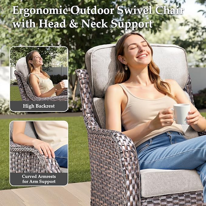 Luxury 6 Pieces Outdoor Patio Furniture Set-All Weather Wicker Outdoor Furniture with Swivel Rocker Patio Chairs 6-inch Extra Thick Cushions Wicker Conversation Set for Garden Porch(Brown/Beige)