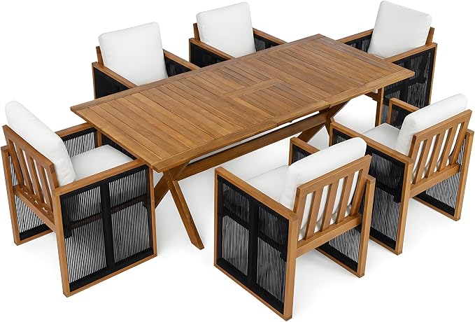 Christopher Knight Home Rolyn 7 Piece Acacia Wood Outdoor Dining Table Set for 6, Extendable Dining Table And 6 Chairs With Cushion & Rope Design, Wooden Outdoor Patio Furniture Set, Cream+Teak+ Black