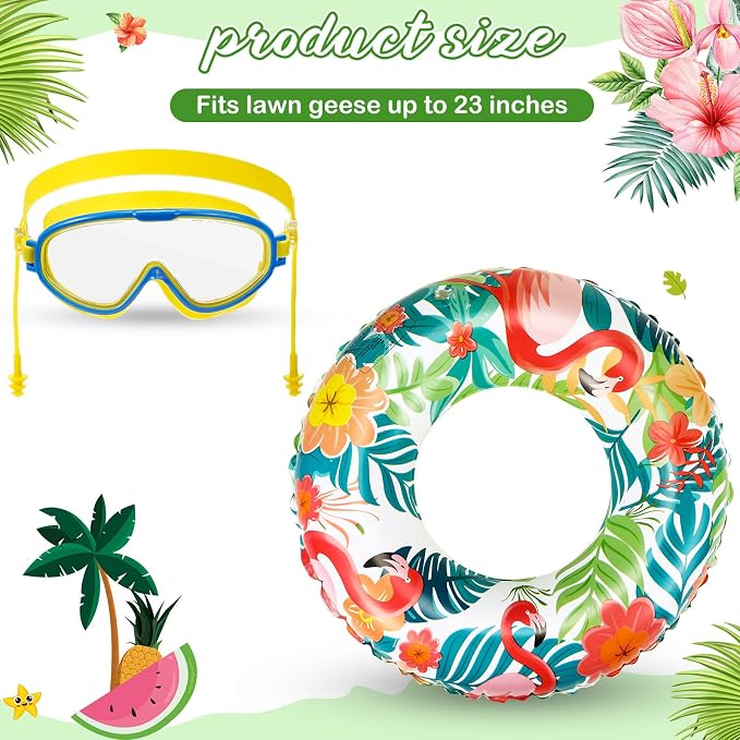 Aliceset 2 Pcs Summer Porch Goose Outfits Hawaiian Pool Goose Cloth Costume Swimsuit with Swim Ring Sunglasses, Fits 23'' Lawn Statue for Patio Yard Garden Outdoor Decor(Flamingo Style)