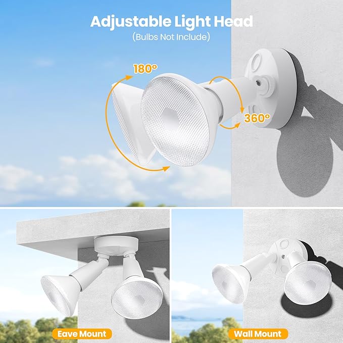 Onforu 2-Pack Adjustable Twin PAR Holder, Outdoor Flood Light Fixture Max 300W (Bulbs Not Included), Switch Controlled Security Lights, Exterior Flood Lighting for Garage, Driveway, Porch