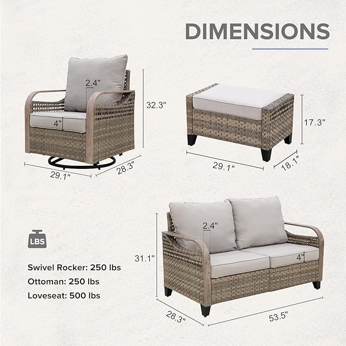 COOS BAY Modern Wicker Outdoor Furniture Set, 5 Piece Patio Conversation Set with 2 Swivel Rockers, a 3 Seat Couch and 2 Ottomans, 5 Piece, Brown/Gray