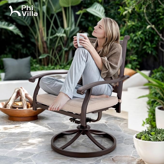 PHI VILLA Patio Dining Set, Swivel Chairs, Cast Aluminum Table | Cast Aluminum chairs, Bronze (Swivel Chairs), 2.3 umbrella hole, 360° swivel, rocking, Cushions, E-coated
