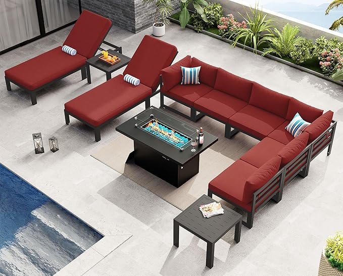 NICESOUL 11 Pcs Aluminum Patio Sectional Furniture Set with Lounge & Fire Pit Table, 500 lbs Heavy Duty Anti-Rust Outdoor Couch, 29" Deep Wide Seat, High End Conversation Sofa for Poolside, Burgundy