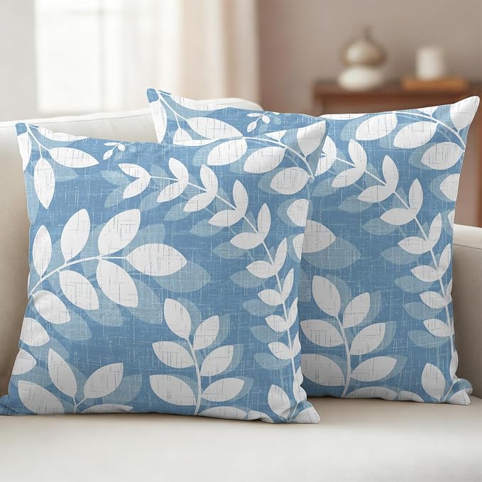 Sky Blue Leaves Outdoor Waterproof Throw Pillow Covers 24x24 Set of 2, Farmhouse Botanical Branch Vintage Boho Leaf Decorative Pillowcases Cushion Pillowcase for Couch Sofa Patio Pillow Protector