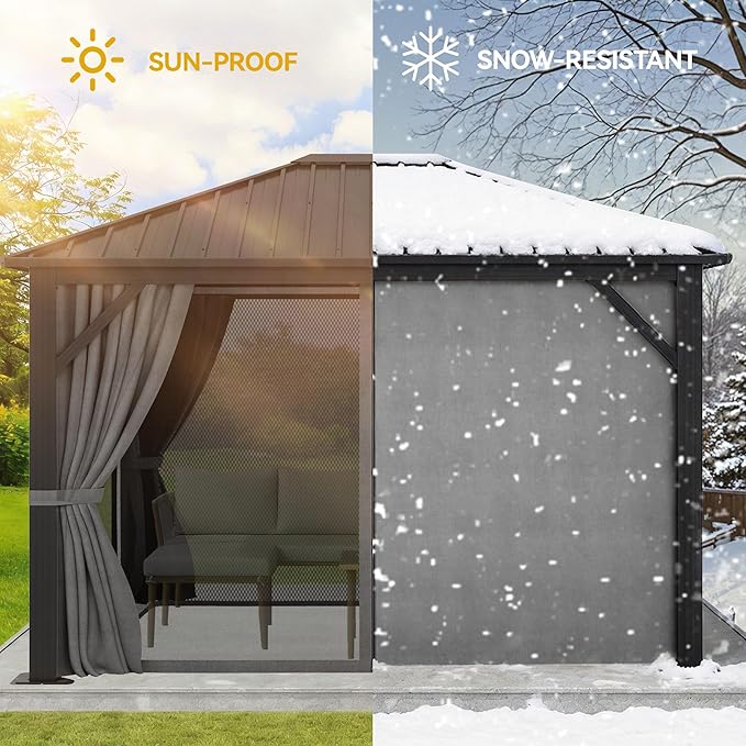 YITAHOME 10X12FT Single Hardtop Metal Gazebo Top Outdoor Patio Canopy Galvanized Iron Aluminum Column Garden Tent Curtains Netting for Backyards Decks Lawns,Gray