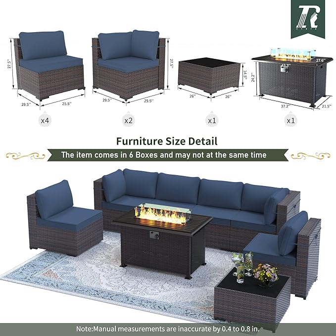 8 Pieces Outdoor Patio Furniture Set,Outdoor Sectional Furniture with 43" 55000 BTU Gas Propane Fire Pit Table,All Weather PE Rattan Wicker Patio Conversation Set,Navy Blue