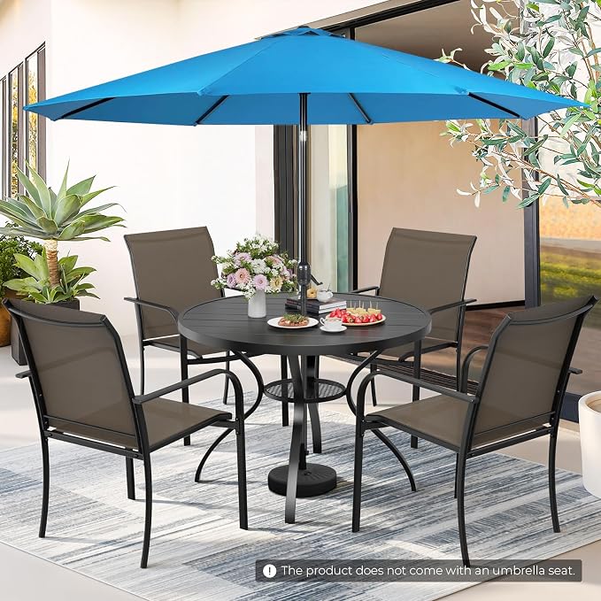 Incbruce 6 PCS Patio Dining Set with Sky Blue Umbrella, Outdoor Dining Set of 4 Textilene Chairs and 41" Round Table with Umbrella Hole for Backyard, Garden, and Poolside (Brown)