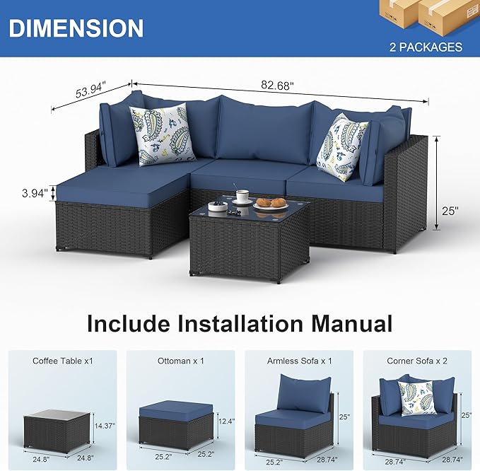 Patio Furniture Set, 5PCS Outdoor Sectional with Ottoman Wicker Rattan Patio Couch with Thickened Cushion Modular Wicker Patio Conversation Set with Glass Top Table for Balcony, Backyard (Navy Blue)