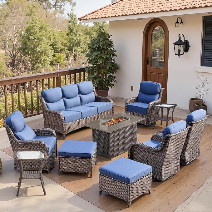 Belord Luxury 6" Thick Cushioned 10 Pieces Patio Furniture Set with Fire Pit Table, Wicker Outdoor Conversation Set with High Back Swivel Rocker Chairs for Deck Porch Yard and Poolside - Brown+Blue