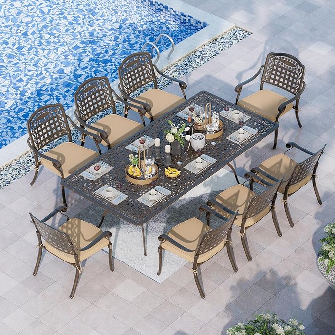 Grepatio 9 Piece Cast Aluminum Patio Furniture Set Outdoor Dining Set Bistro Furniture Set with 8 Armchairs and Dining Table, 8 Cushions for Backyard Garden Poolside (Grid Khaki)
