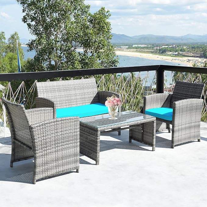 Outdoor Conversation Set, 4 Pieces Wicker Patio Furniture Set with Ergonomic Curved Design, Patio Chair Set with Water-resistant Cushion & Tempered Glass Table for Porch,Balcony(Turquoise)