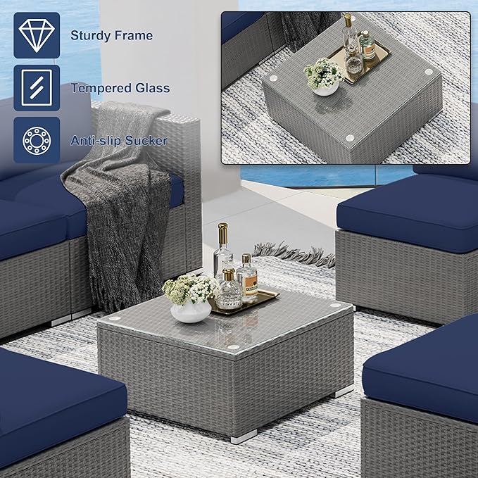 SUNCROWN Outdoor Patio Furniture Set 7 Piece Outdoor Sectional Sofa Grey Wicker Conversation Sofa Set with Coffee Table and Cushions,Dark Blue