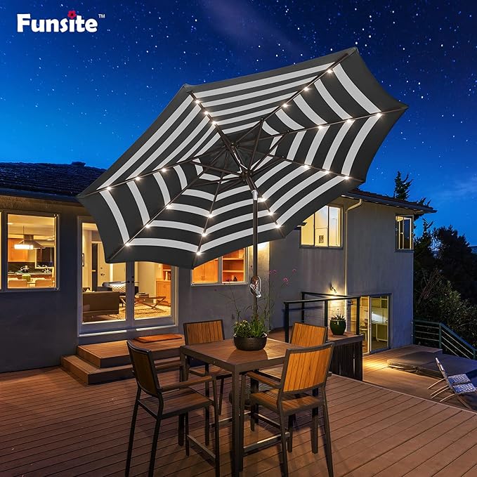 9ft Patio Umbrella with Solar Lights, Outdoor Umbrella with 24 LED Solar Umbrella Lights, Solar Patio Umbrella with Push Botton Tilt & Crank Ideal for Garden, Backyard & Pool, Black Stripe