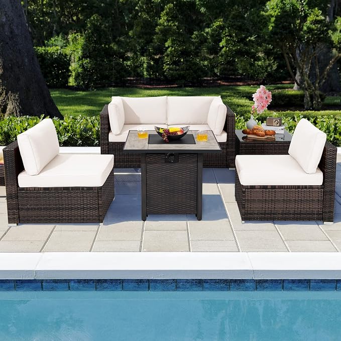 Tangkula 6 Piece Outdoor Rattan Sofa Set with 30in Propane Gas Fire Table, Ceramic Fire Tabletop, 50,000 BTU Heat Output, Cushions & Fire Pit Dust Cover, Patiojoy Weatherproof Wicker Set (Off White)