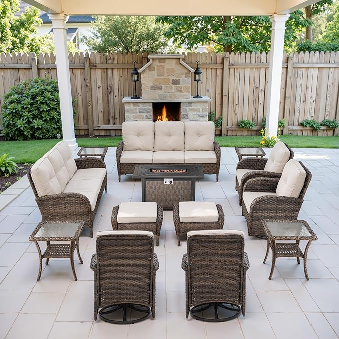 Belord Grand 13 Pieces Outdoor Patio Furniture Set with 4 Swivel Glider Chairs and 50000 BTU Propane Fire Pit Table, Patio Conversation Set with Sofa and Wicker Side Table for Big Garden Backyard