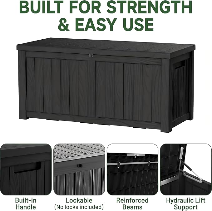 150 Gallon Resin Outdoor Storage Box for Garden Tools, Pool Supplies & Patio Cushions – Waterproof & UV-Resistant, Durable Material – Lockable (Black)