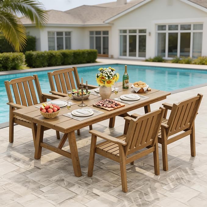 Takywep 23.9” Wide HDPE Patio Dining Chairs Set of 4, 650LBS Capacity All-Weather Yard Armchair with Slatted Seat, Heavy Duty Modern Backyard Furniture for Garden, Poolside, Deck, Natural