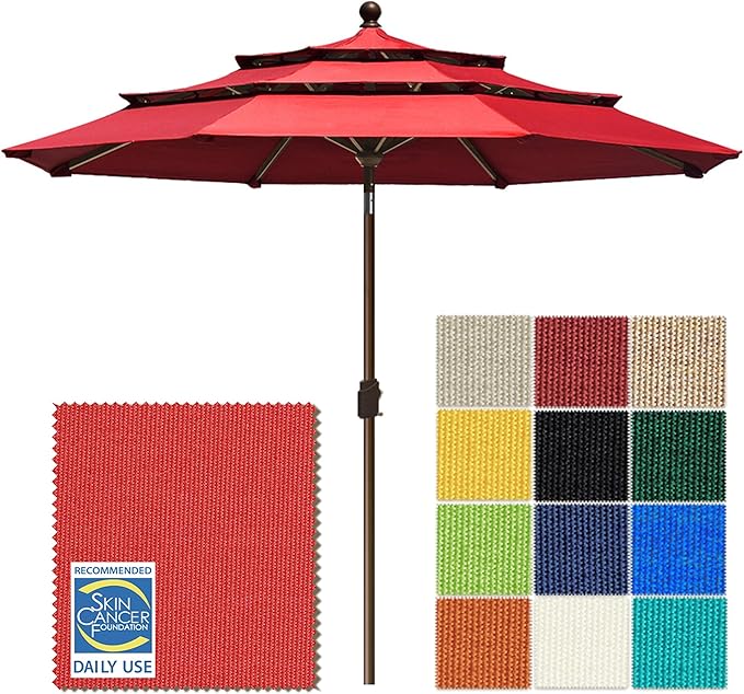EliteShade USA 10-Year-Non-Fading 10ft 3-Tier Market Patio Umbrella, Commercial Grade Outdoor Table Umbrella with Crank Open, Windproof & UPF 50+ UV Protection, Heavy Duty Ventilation for Garden, Deck, Pool, Backyard, Beach & Bistro, Logo Red