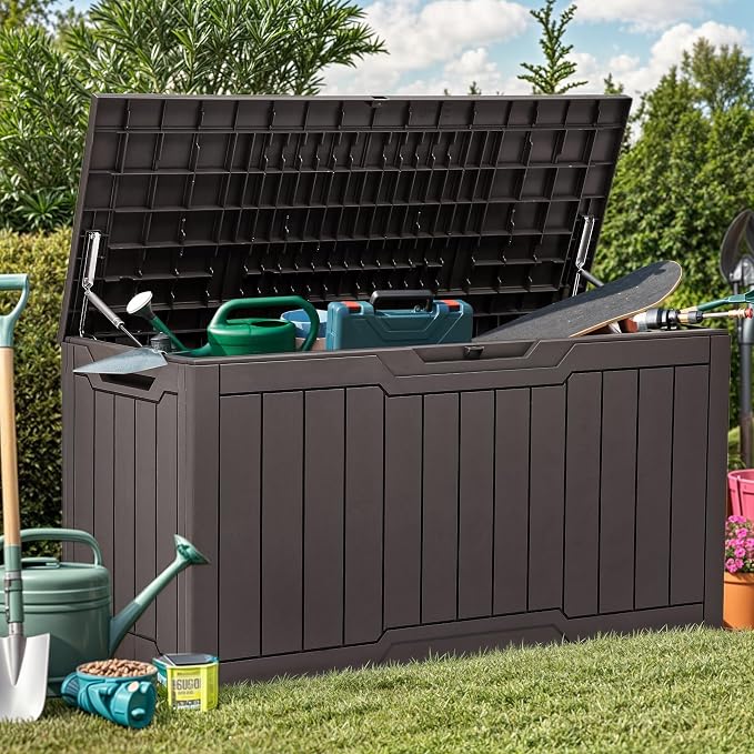 YITAHOME 80 Gallon Outdoor Storage Box, Large Water Resistant Resin Deck Box, Indoor Outdoor Lockable Storage Container for Patio, Garden, Cushions, Tools, Equipment (Dark Brown)