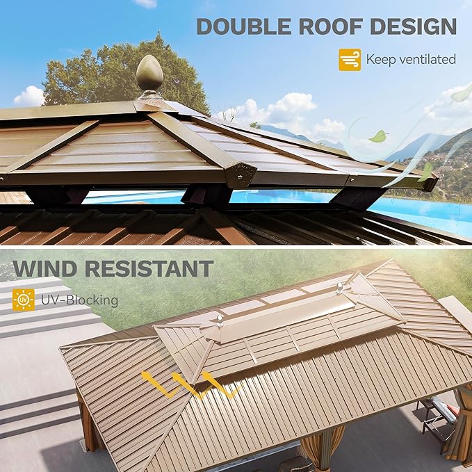 DWVO 12x20 ft Hardtop Gazebo Outdoor Heavy Duty Aluminum Gazebo with Nettings and Curtains, Combined of Horizontal and Vertical Stripes Roof for Patio, Backyard, Deck, Lawns and Balcony, Bronze