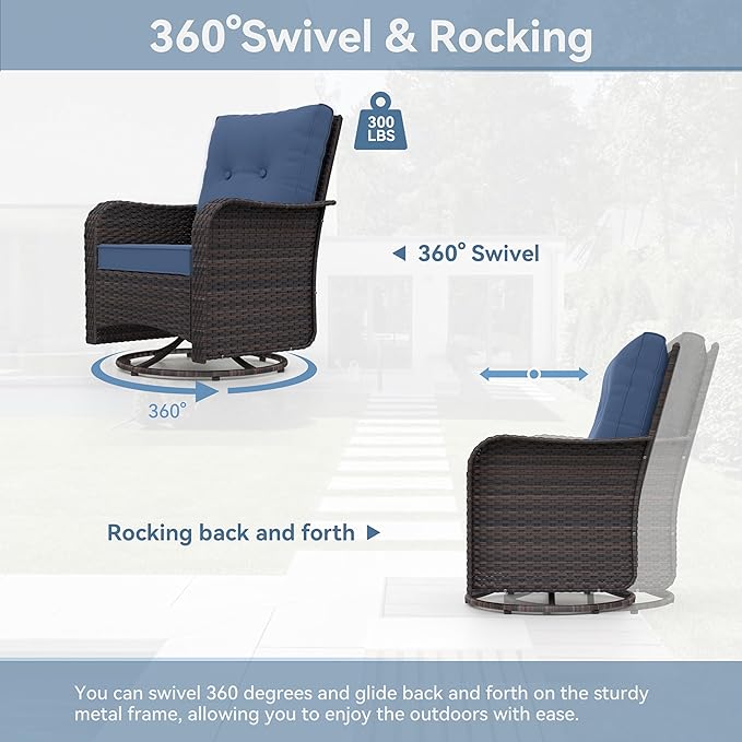 Kurapika 10 Pieces Patio Furniture Set, Rattan Wicker Sofa Set, Outdoor Conversation Sets w/Swivel Rocking Chairs Patio Sectional Sofa w/4 Inch Cushion, Navy Blue