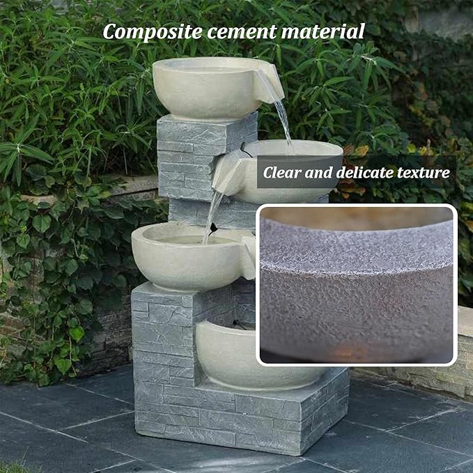Outdoor Garden Water Fountain with LED Lights, Outdoor 4-Tiers Cascading Rock Water Fountain, Circular Basin Design, for Patio, Backyard, Porch and Home Art Decor(55cm)