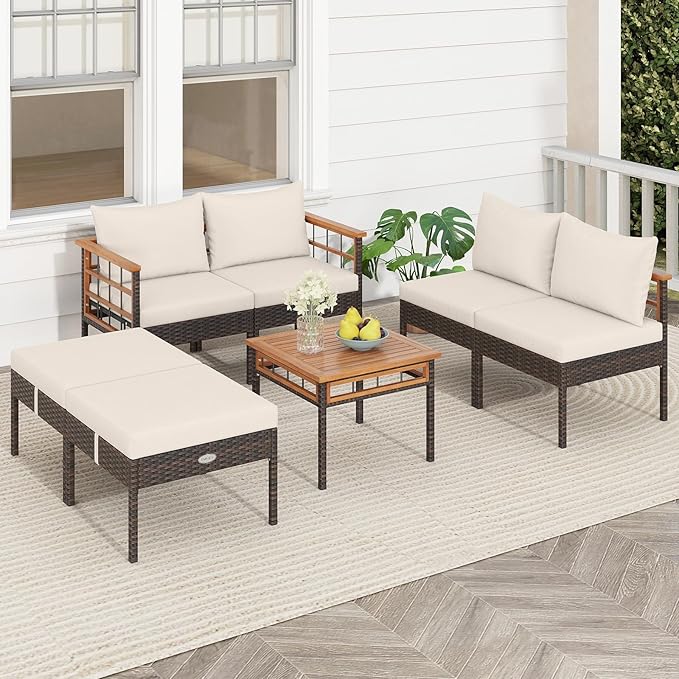 Tangkula 7 Pieces U Shaped Outdoor Wicker Furniture Set, Patio Cushioned Rattan Chairs with Ottomans & Side Table, for Backyard, Porch, Balcony