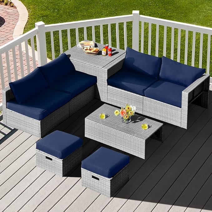 DORTALA 8 Pieces Patio Furniture Set, PE Rattan Sectional Sofa Set with Tempered Glass Table & Waterproof Cushions, Outdoor Wicker Conversation Set for Balcony, Poolside, Navy