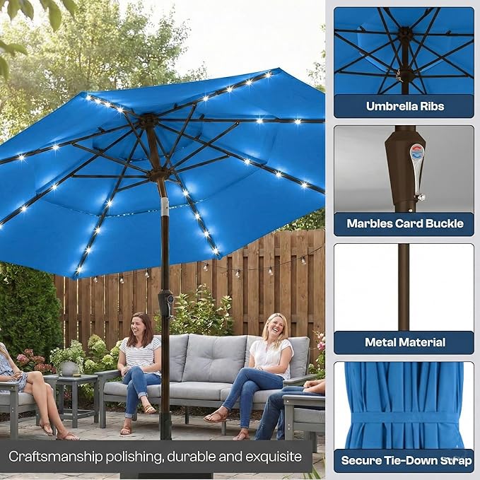 10ft 3-Tier Patio Umbrella with 32 Solar Powered LED Lights, Windproof Outdoor Market Umbrella for Deck, Poolside & Garden, Sturdy Push-Button Tilt Table Umbrella, Royal Blue