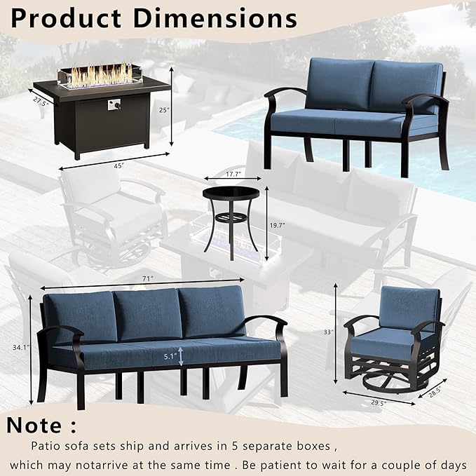 Aluminum Patio Furniture Set with Fire Pit Table, 7 Seats Outdoor Patio Conversation Sets with Swivel Chair Modern Metal Sectional Sofa with Upgrade Cushions for Patio, Backyard