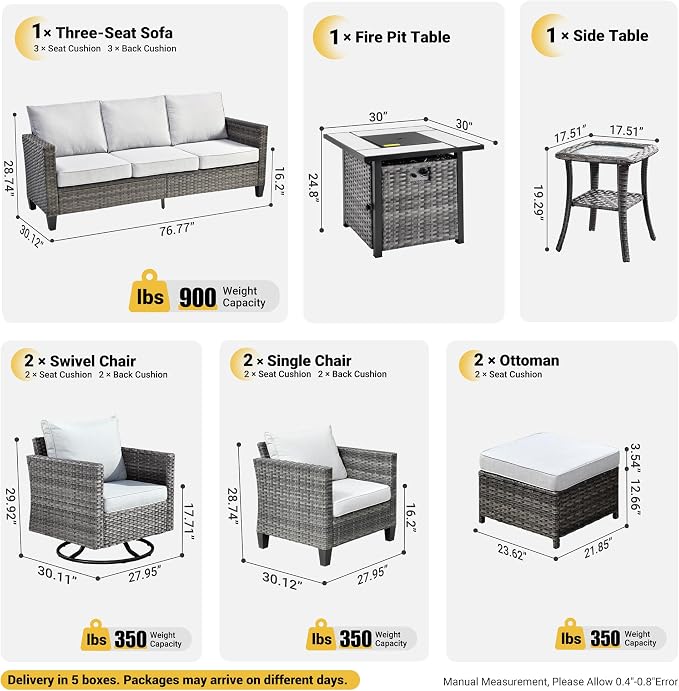 ovios 9 Pieces Patio Furniture Set with Square Fire Pit Table, Outdoor Swivel Rocking Chairs, High Back Wicker Rattan Conversation Set for Deck Porch, Grey