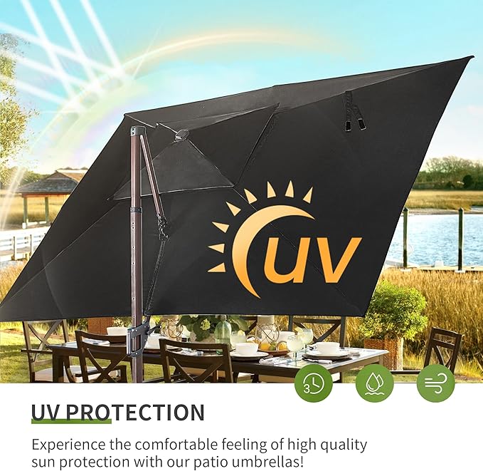 JZAC & QZYD 10X13 FT Outdoor Cantilever Patio Umbrella with LED Lights, Large Heavy Duty 2-Tier Aluminum Offset Umbrellas with 360-Degree Rotation for Pool Deck, Black