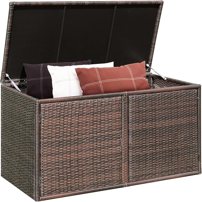 DORTALA 88 Gallon Deck Box Organizer, Wicker Large Indoor Outdoor Storage Container Cabinet for Patio Furniture Cushions Garden Tools, Brown