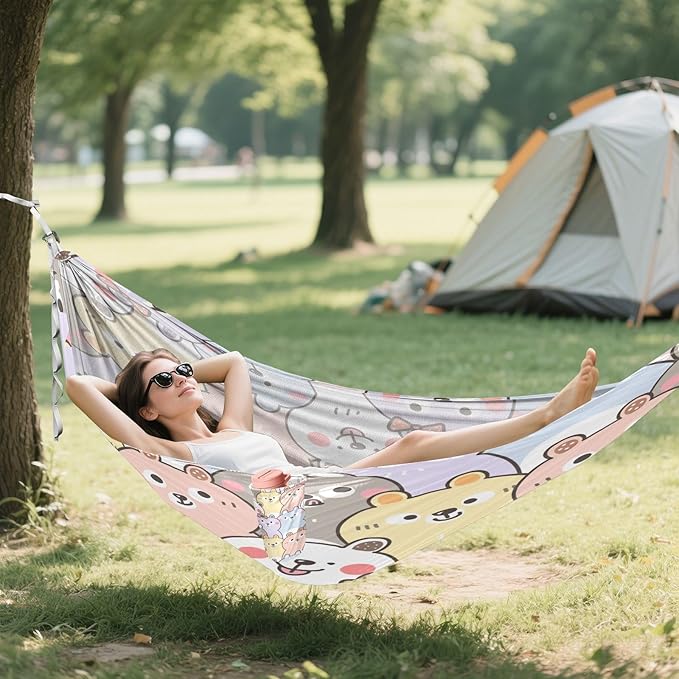 Qilmy Cute Animals Camping Hammock Single – 330 lbs Capacity, Lightweight with Tree Straps & Carabiners, Portable for Hiking, Travel, Backpacking